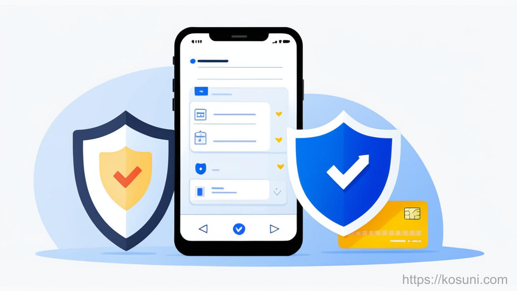 Phone beside a shield and a simple checklist card