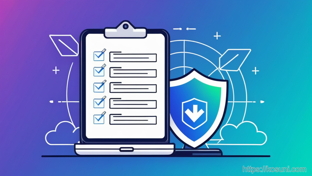 Checklist with shield and network nodes for safe troubleshooting