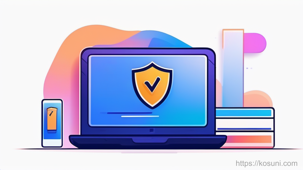 Shield and VPN toggle above simplified phone and laptop